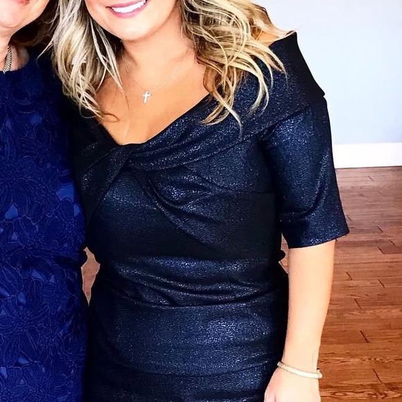 Rickie Freeman Teri Jon Off-Shoulder Metallic midi navy blue holiday party